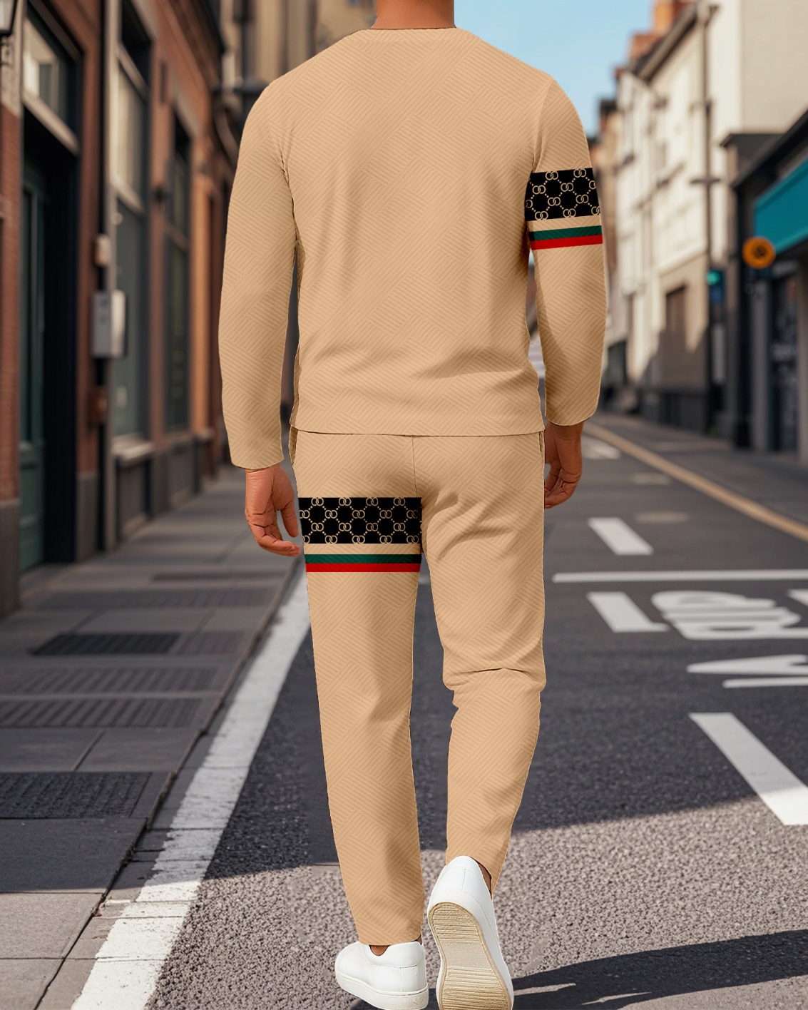 Men's Colorblock Printed Textured Long Sleeve -Sleeved Trousers Suit 038