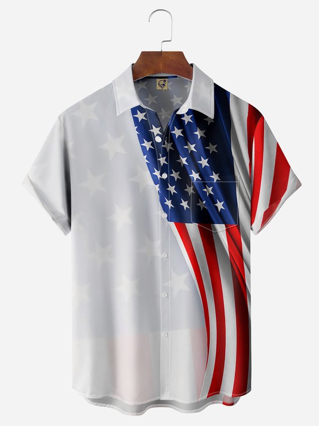 Tall Size Moisture-wicking American Flag Chest Pocket Casual Shirt