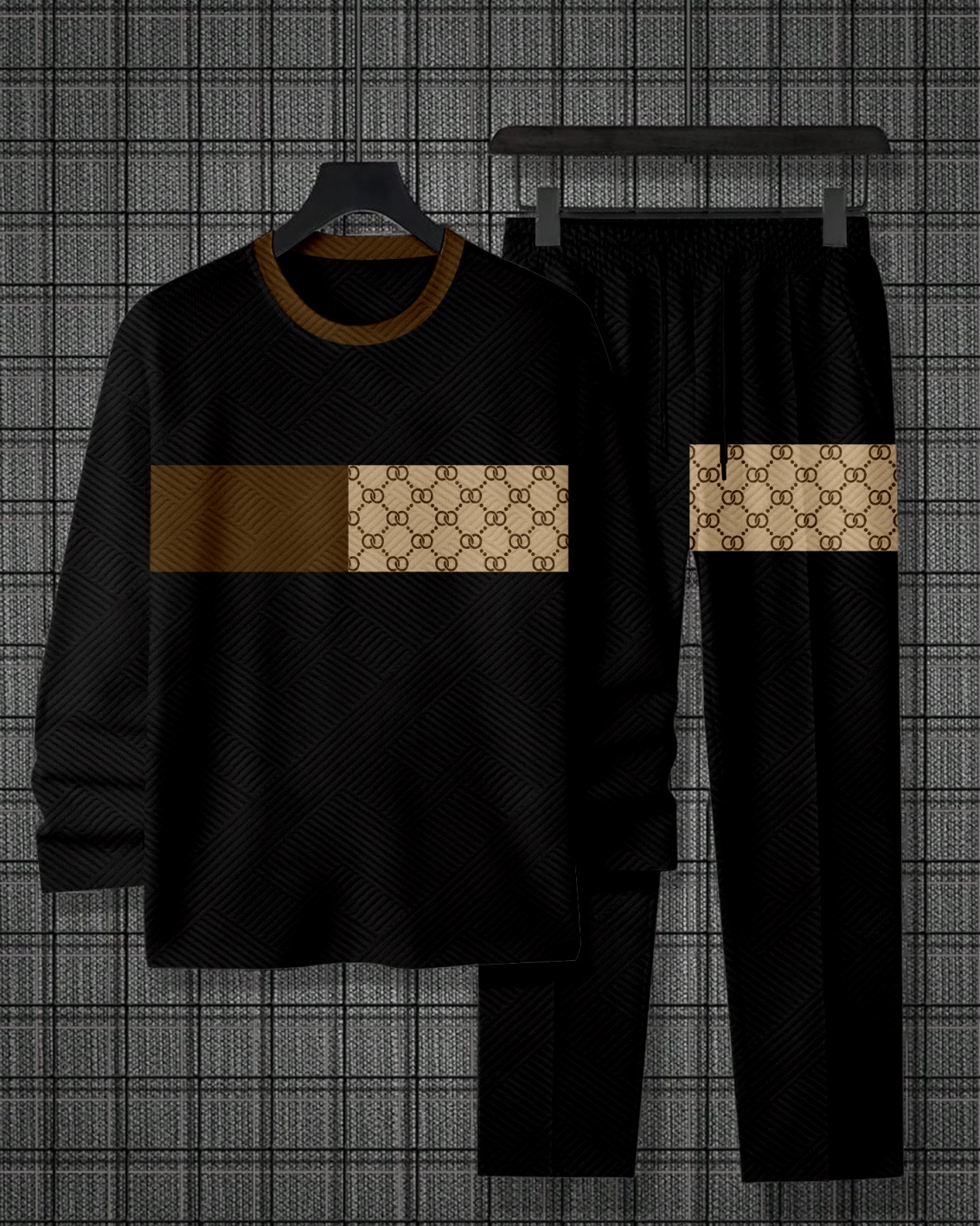 Men's Colorblock Printed Textured Long Sleeve -Sleeved Trousers Suit 037