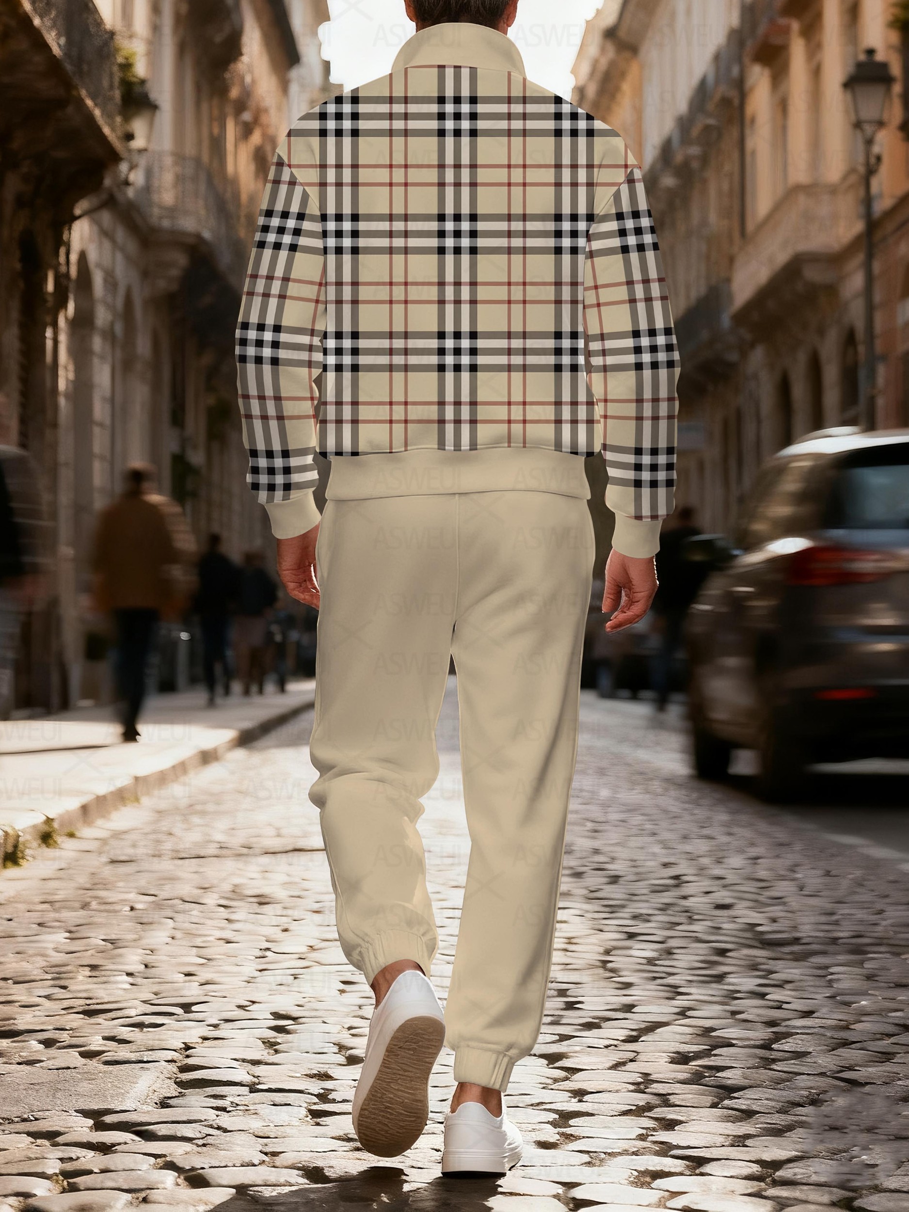 Men's stylish casual khaki checkered print zipper long-sleeved two-piece set