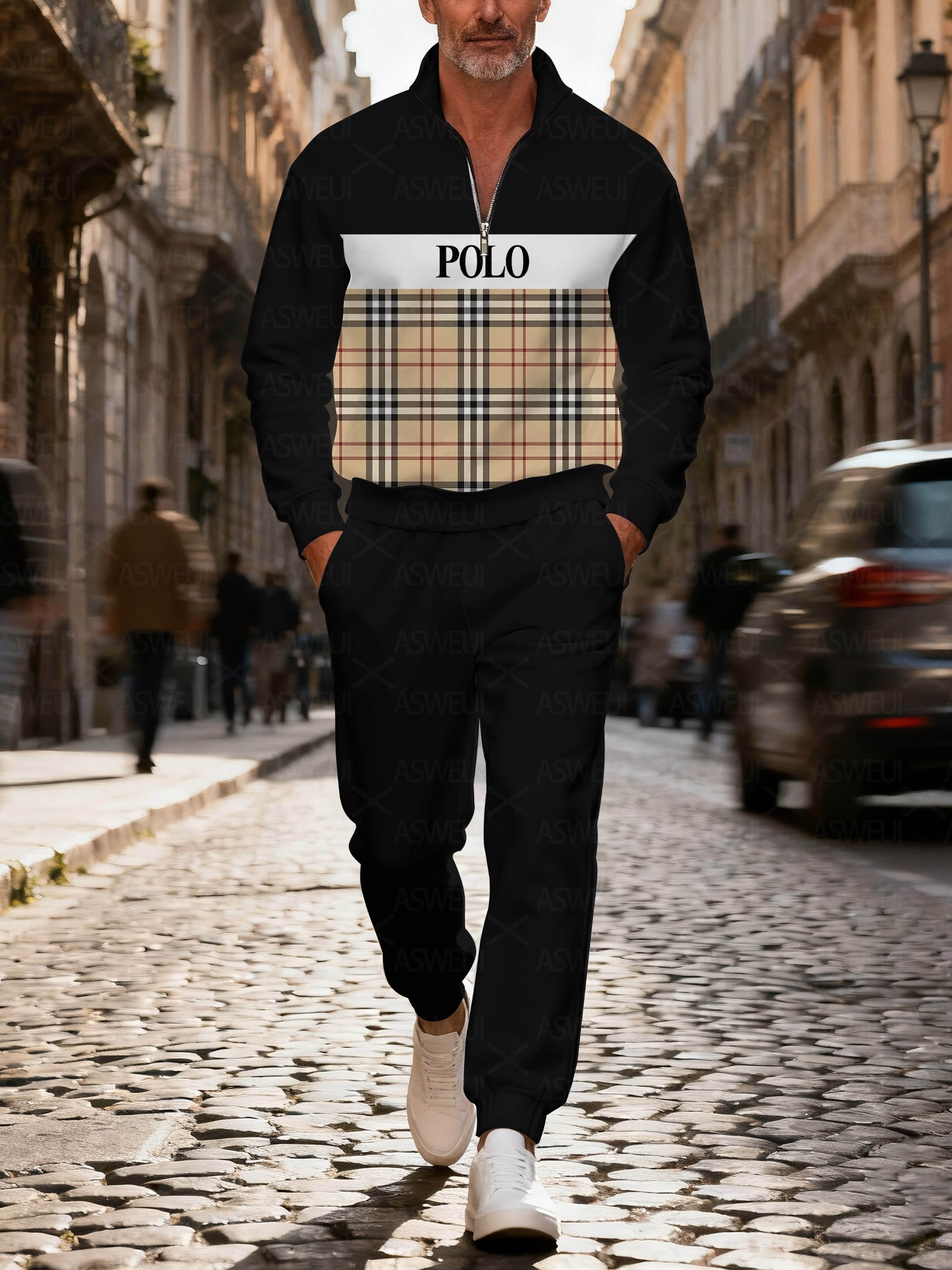 Men's fashionable black geometric print zipper long-sleeved two-piece set