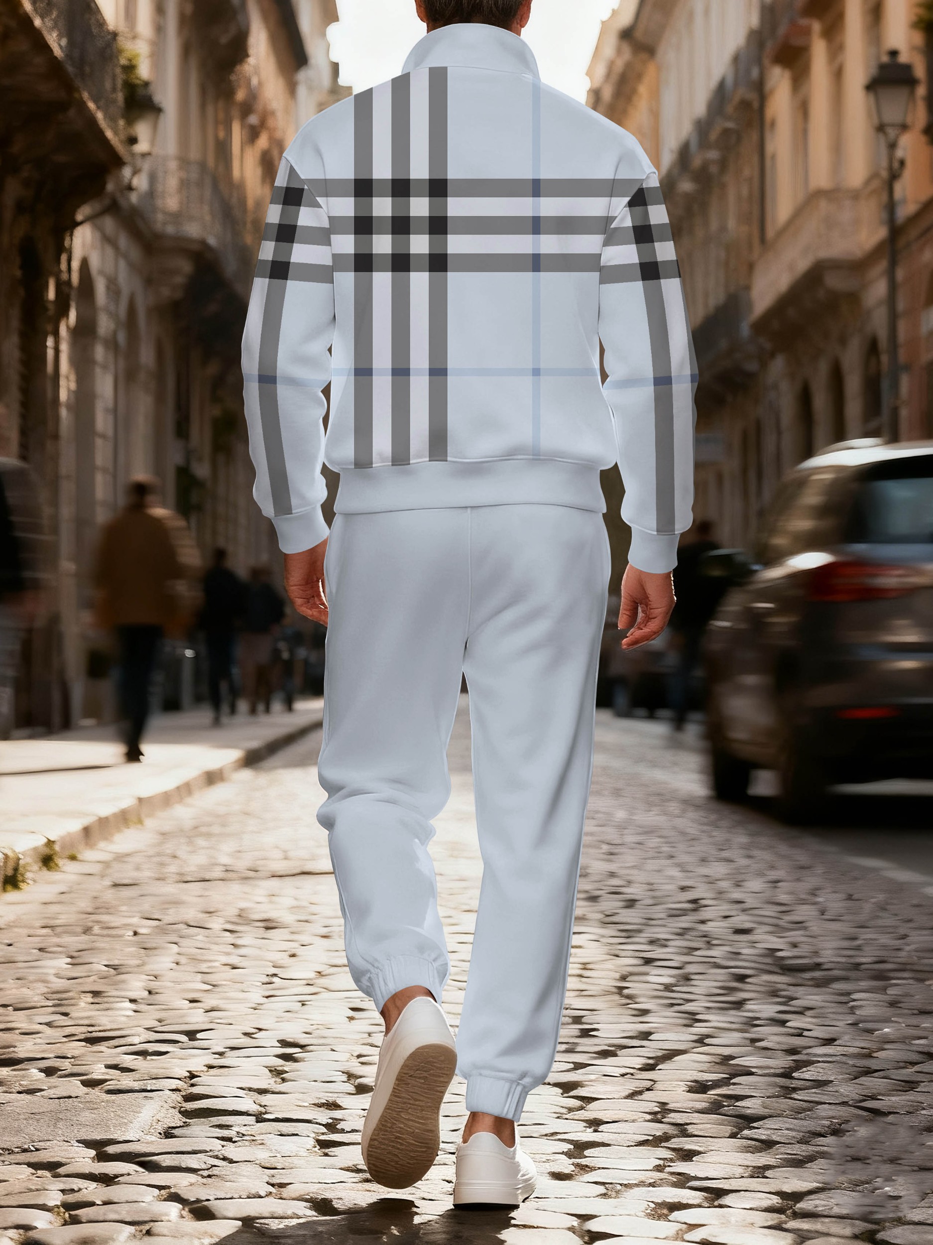 Men's casual checkered zipper long-sleeved two-piece set