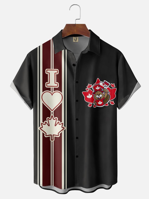 Moisture-wicking "I Love Canada" Art Canada Day Chest Pocket Bowling Shirt