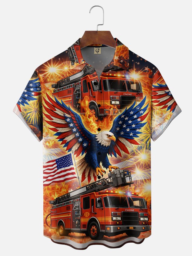 Moisture Wicking American Flag Gradient Colors American Eagle Fire Truck Chest Pocket Holiday Shirt