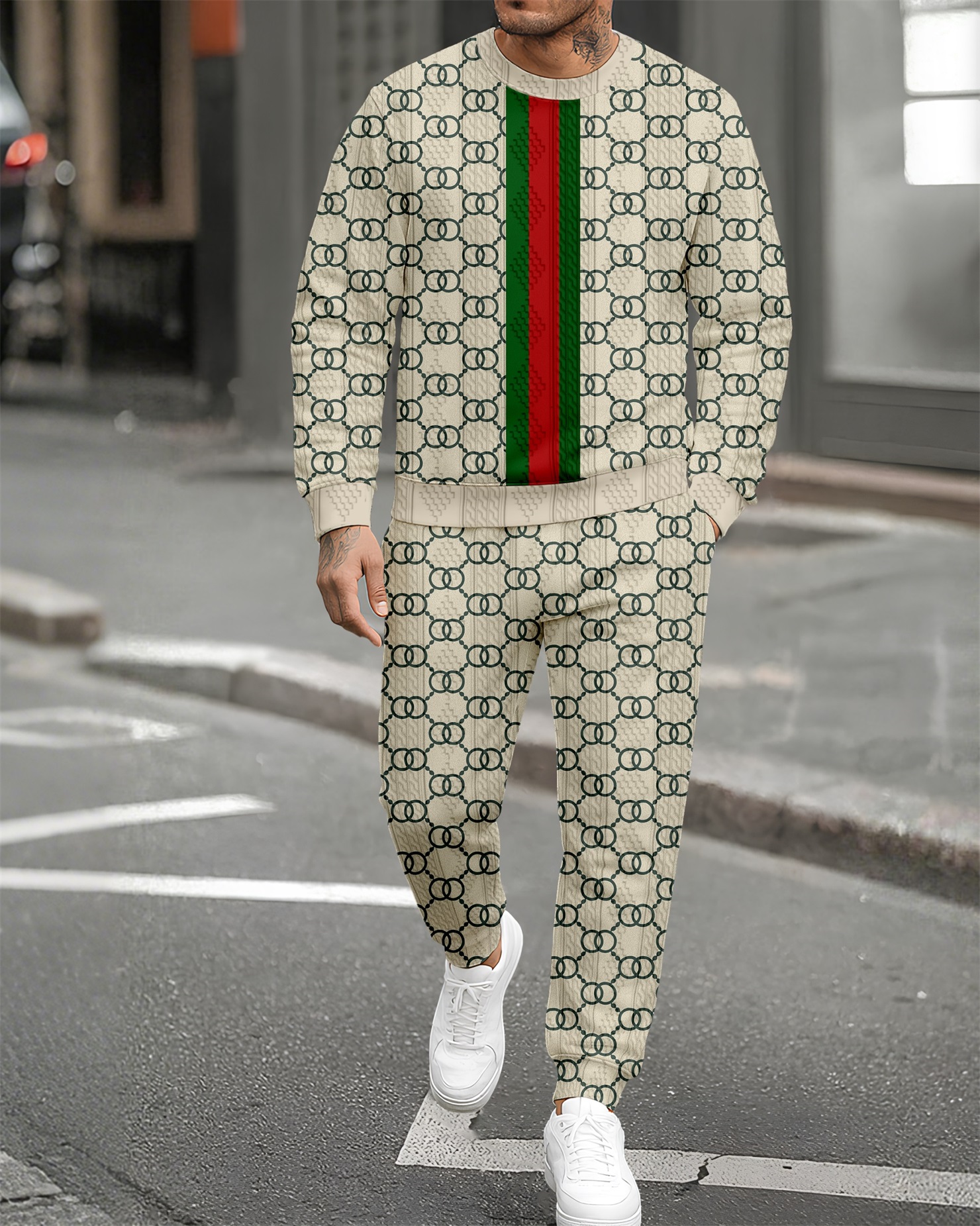 Men's Textured Jacquard Crew Neck Casual Sports Set 088