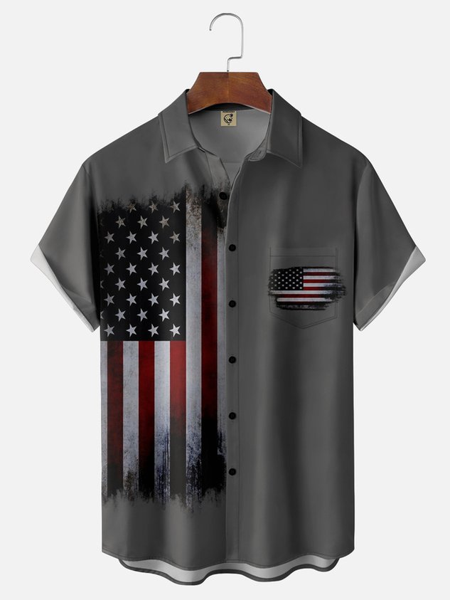  American Flag Chest Pocket Short Sleeve Casual Shirt