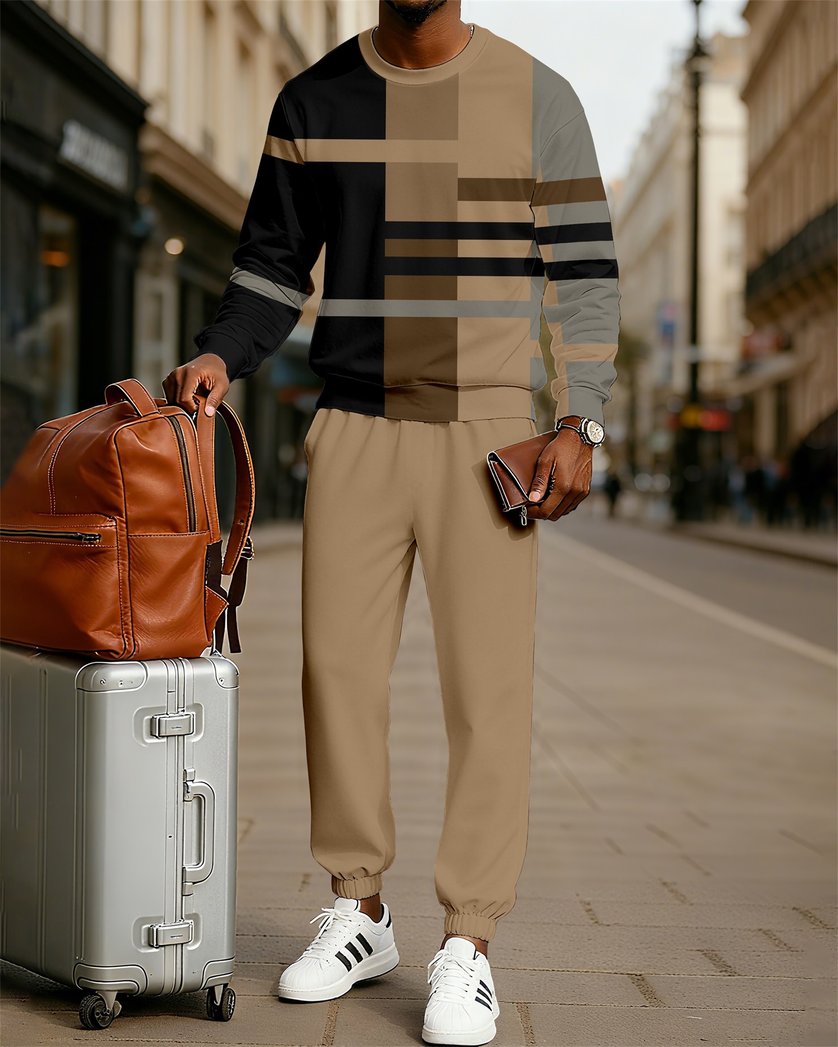 Men's Color-Block Printed Long-Sleeved Trouser Set 0008