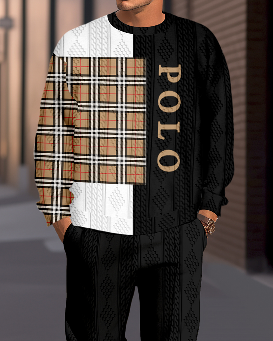 Men's Textured Jacquard Round Neck Casual Sports Set  019