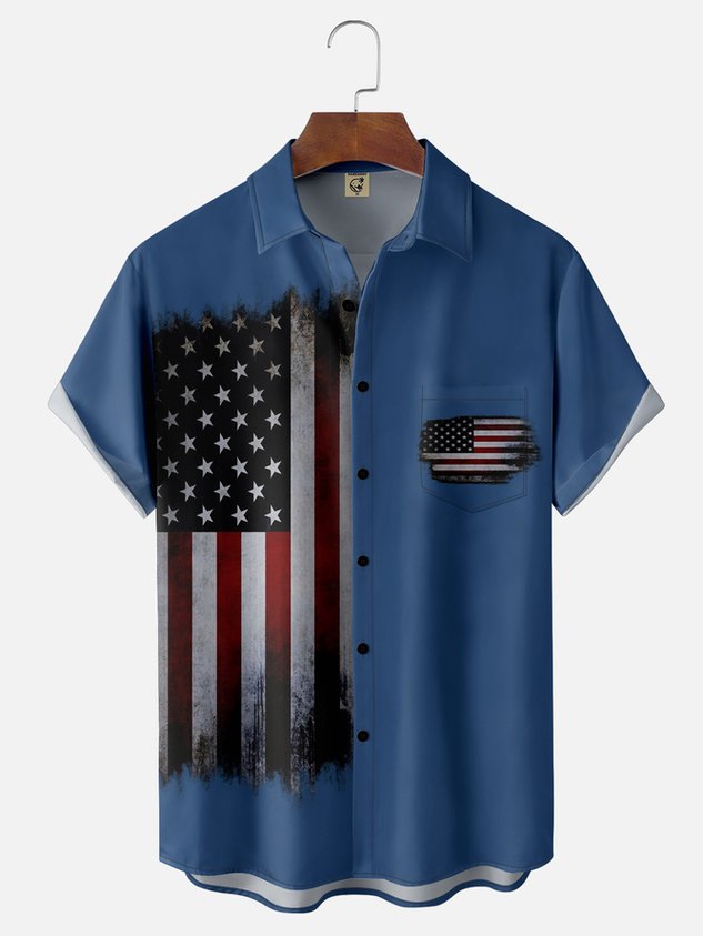  American Flag Chest Pocket Short Sleeve Casual Shirt