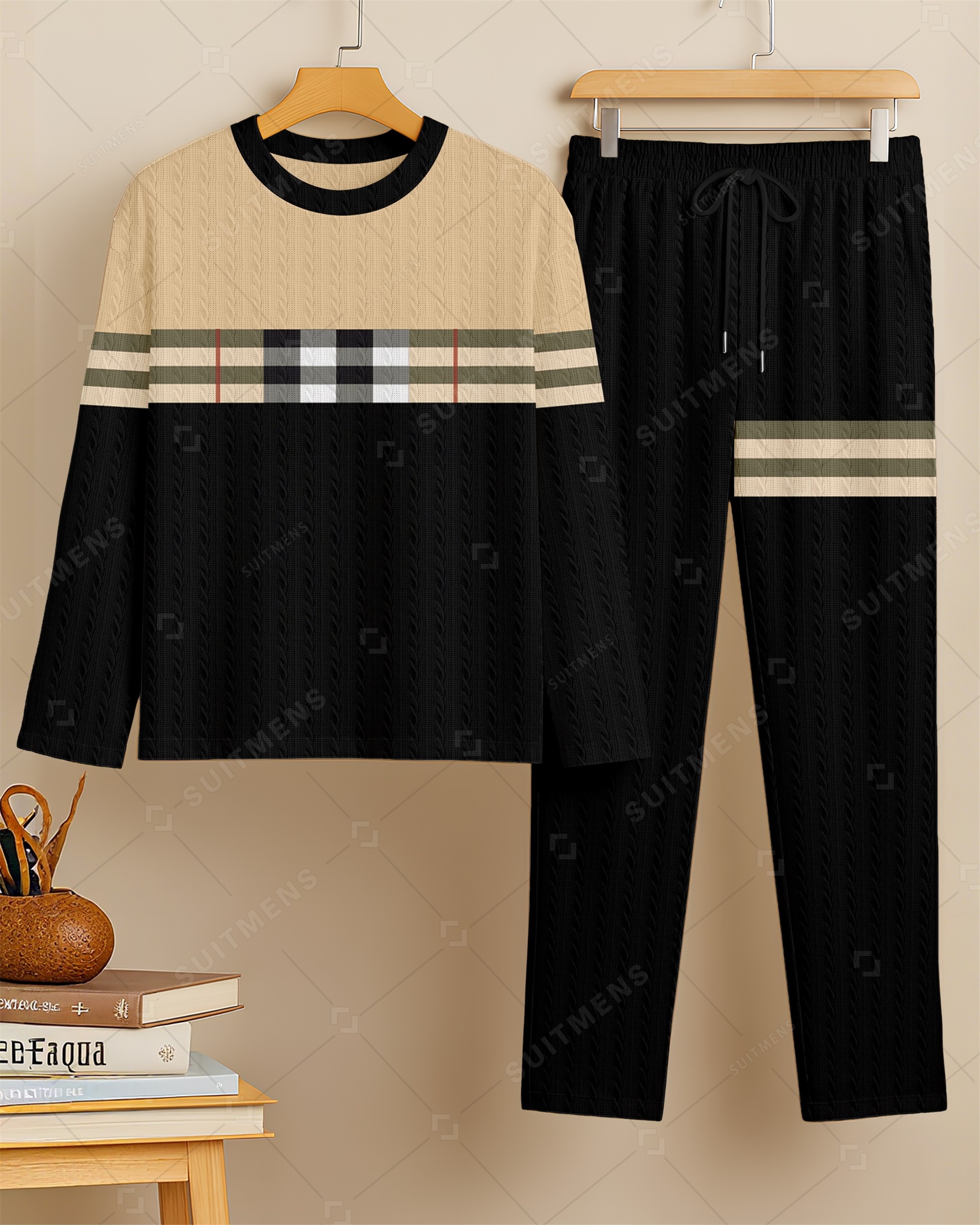 Men's New Colorblock Print Textured Long Sleeve Pants Set 004