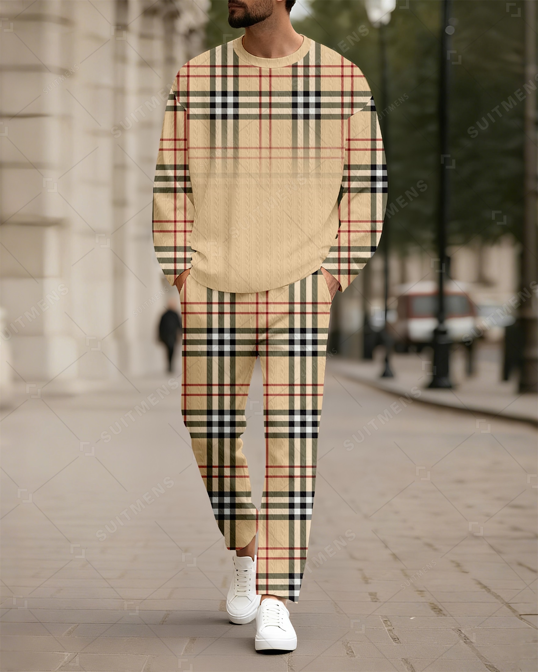 Men's New Colorblock Print Textured Long Sleeve Pants Set 0012