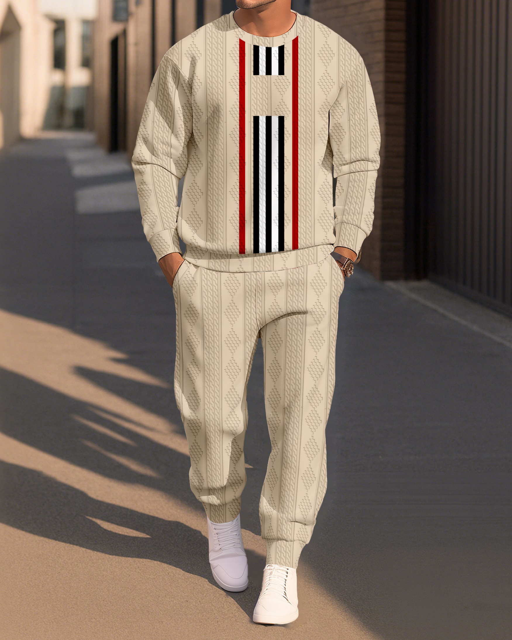 Men's Textured Jacquard Crew Neck Casual Sports Set 081