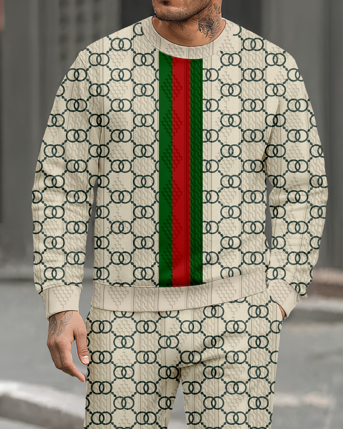 Men's Textured Jacquard Crew Neck Casual Sports Set 088