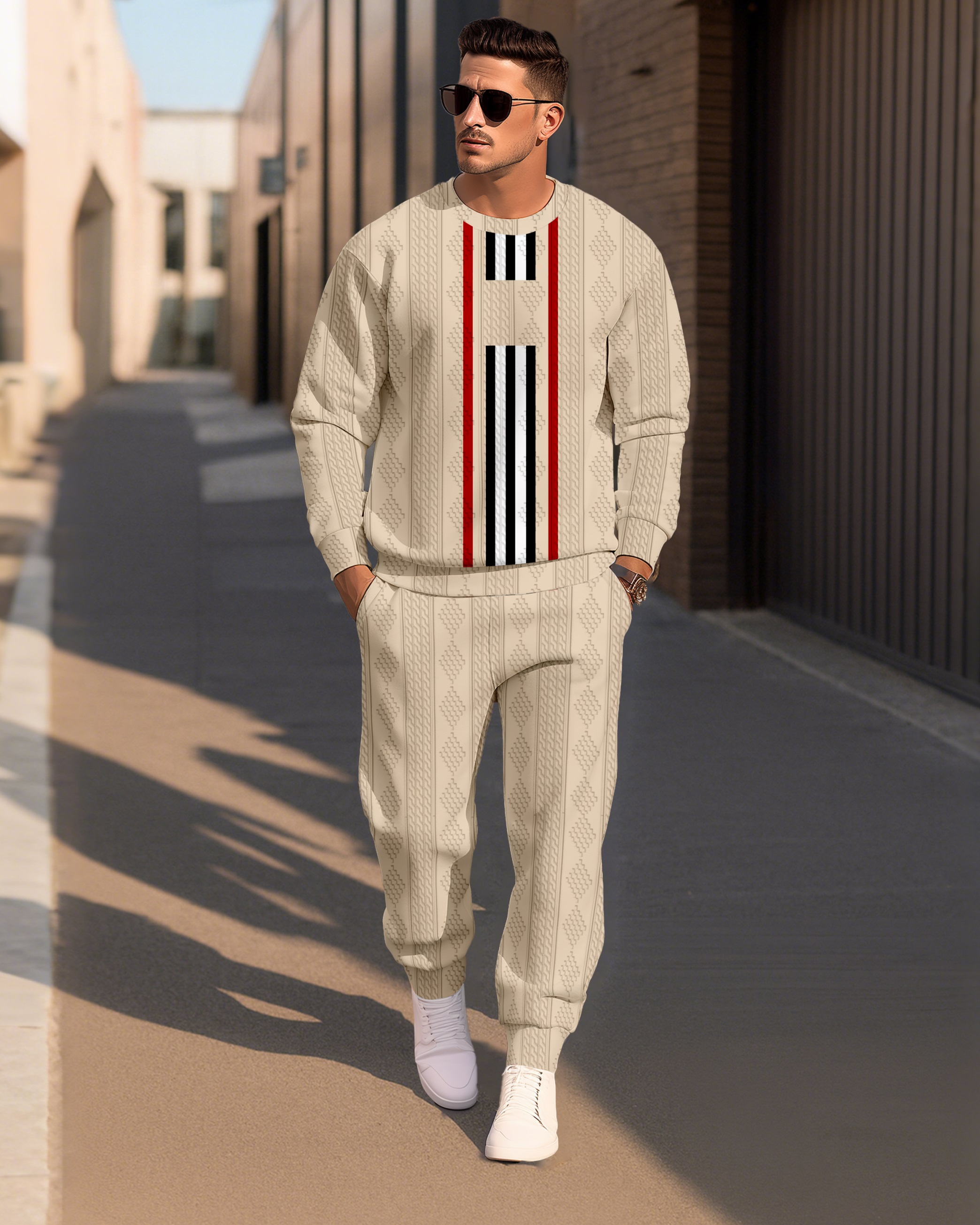 Men's Textured Jacquard Crew Neck Casual Sports Set 081