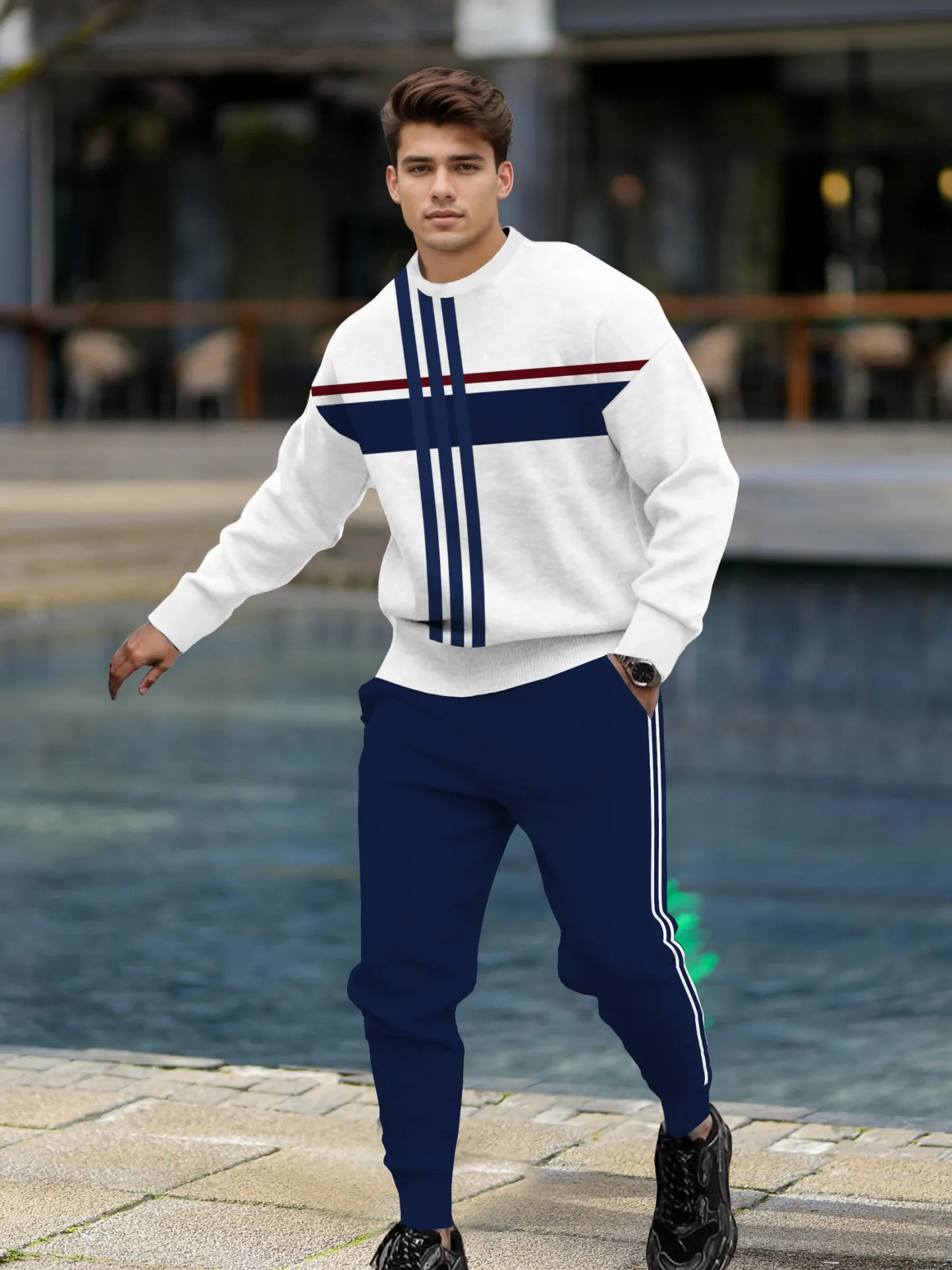 Men's Simple Colorblock Round Neck Casual Sports Set 0132