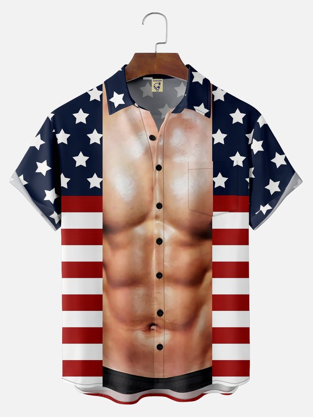 Big Size Moisture-wicking American Flag Muscle Chest Pocket Casual Shirt