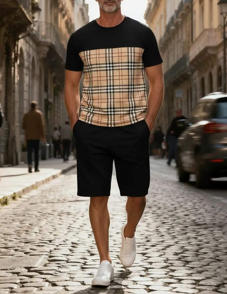 Men's Colorblock Summer Round Neck Set