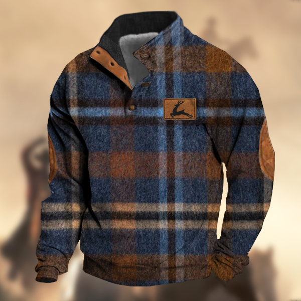 Men's Vintage Country Western Hunting Elk Earthy Navy Blue Brown Wool Plaid Print Stand Collar Sweatshirt-Comfort & Reliable