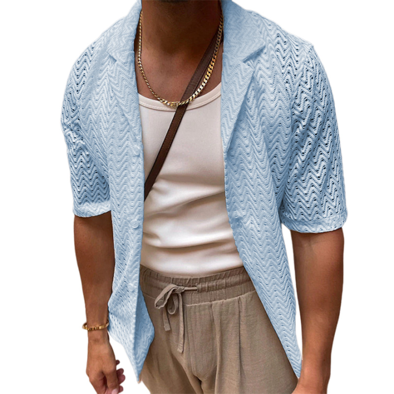Men's summer hollowed-out sweater solid color lapel short sleeve knit shirt-Comfort & Reliable