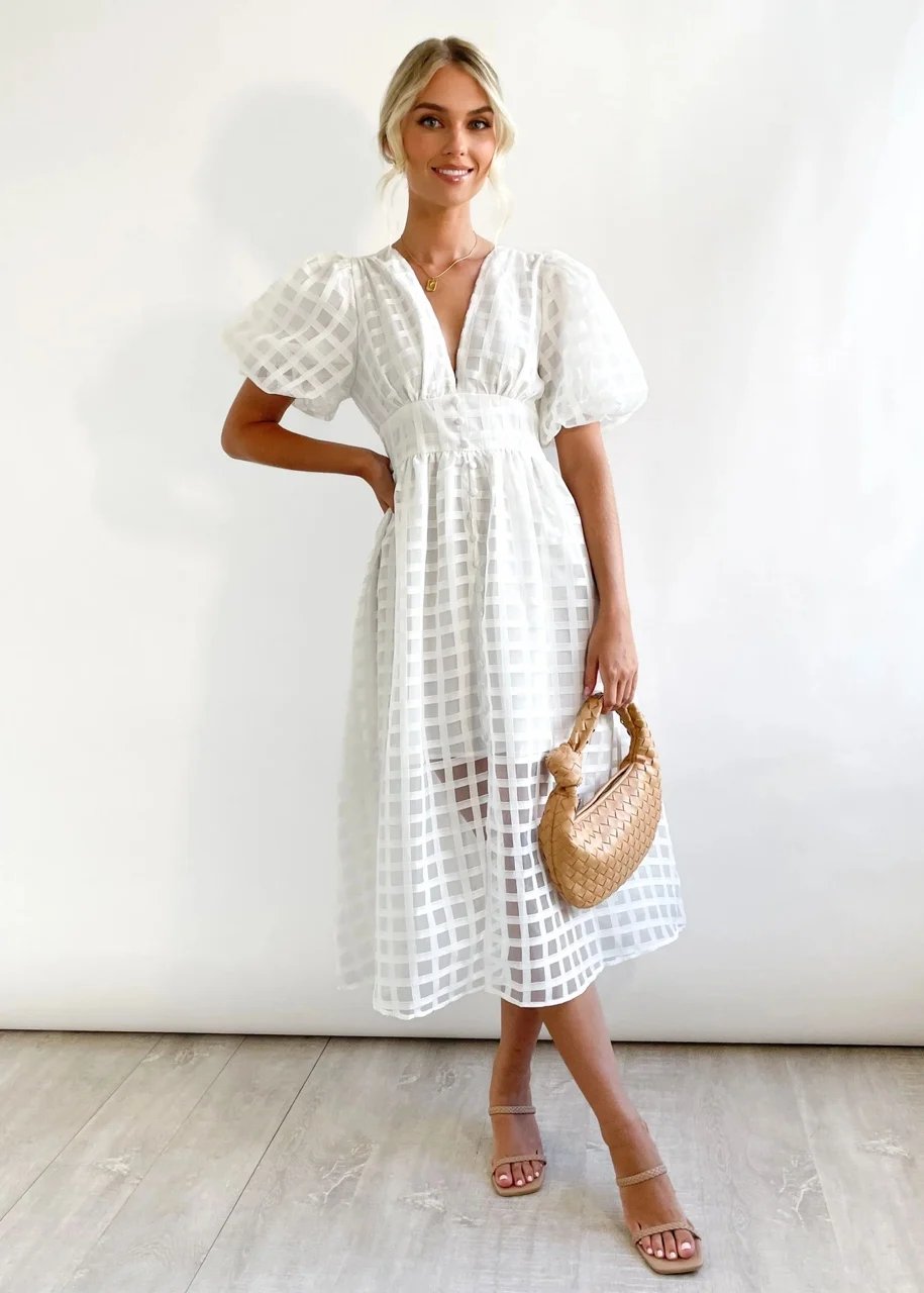 Beauty Square Patterned Fabric Puff Sleeve Midi Dress-Comfort & Reliable