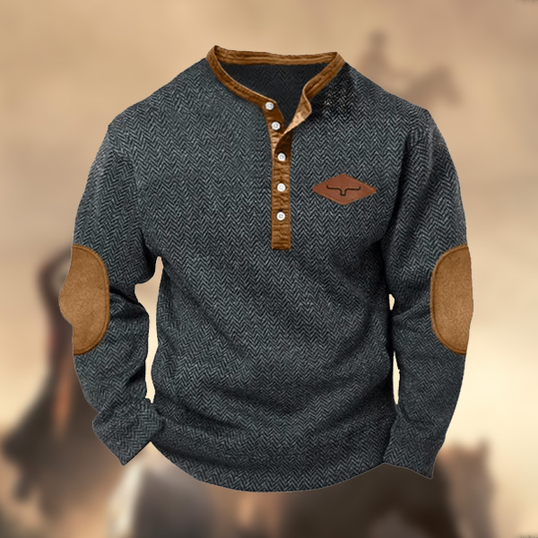Men's Vintage Cashmere Elbow Patch Western Hunting Sweatshirt Outdoor Casual Henley Long Sleeve Sweatshirt-Comfort & Reliable