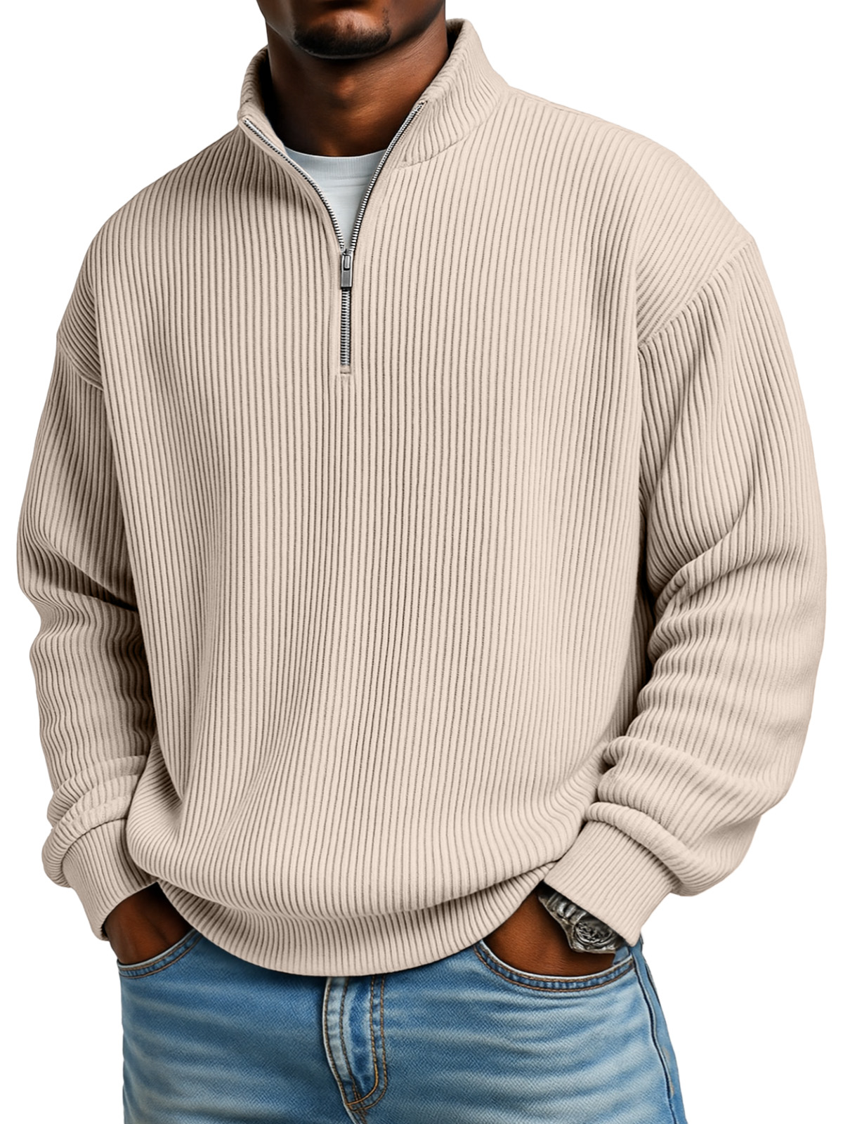 Men's Simple Casual Ribbed Stand Collar Zipper Long Sleeve T-shirt-Comfort & Reliable