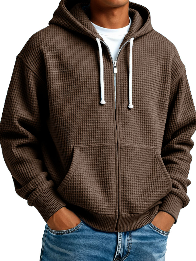 Men's Wear Fashionable Casual Waffle Fabric Zipper Hooded Pockets Loose Coat-Comfort & Reliable