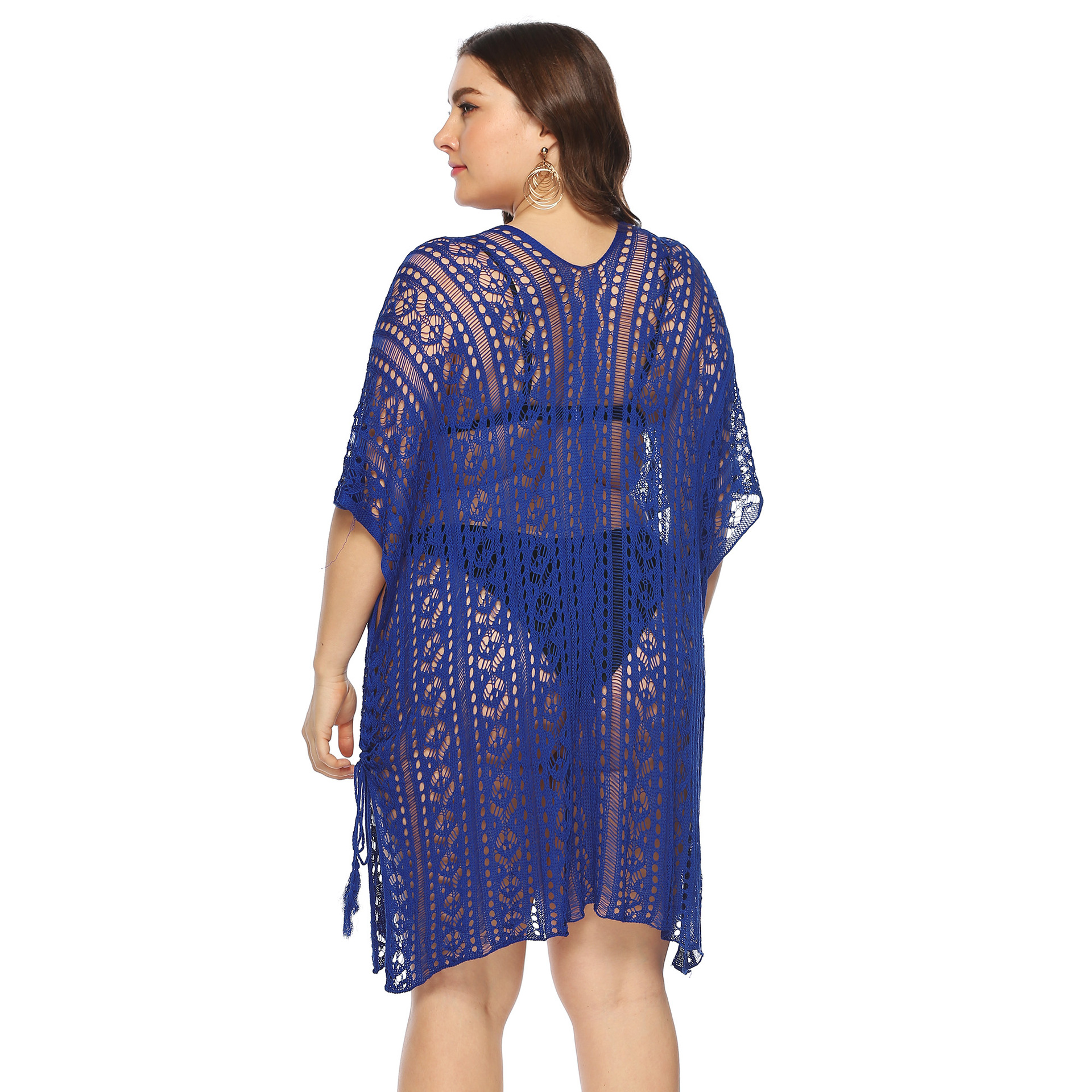 Women's Sheer Cutout Batwing Sleeve V-Neck Asymmetric Slit Beach Cover-Up Dress