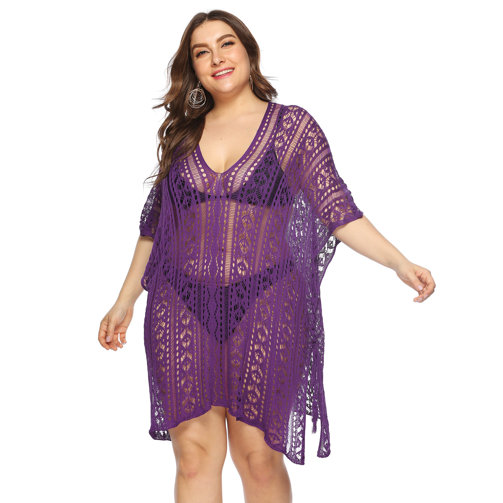 Women's Sheer Cutout Batwing Sleeve V-Neck Asymmetric Slit Beach Cover-Up Dress