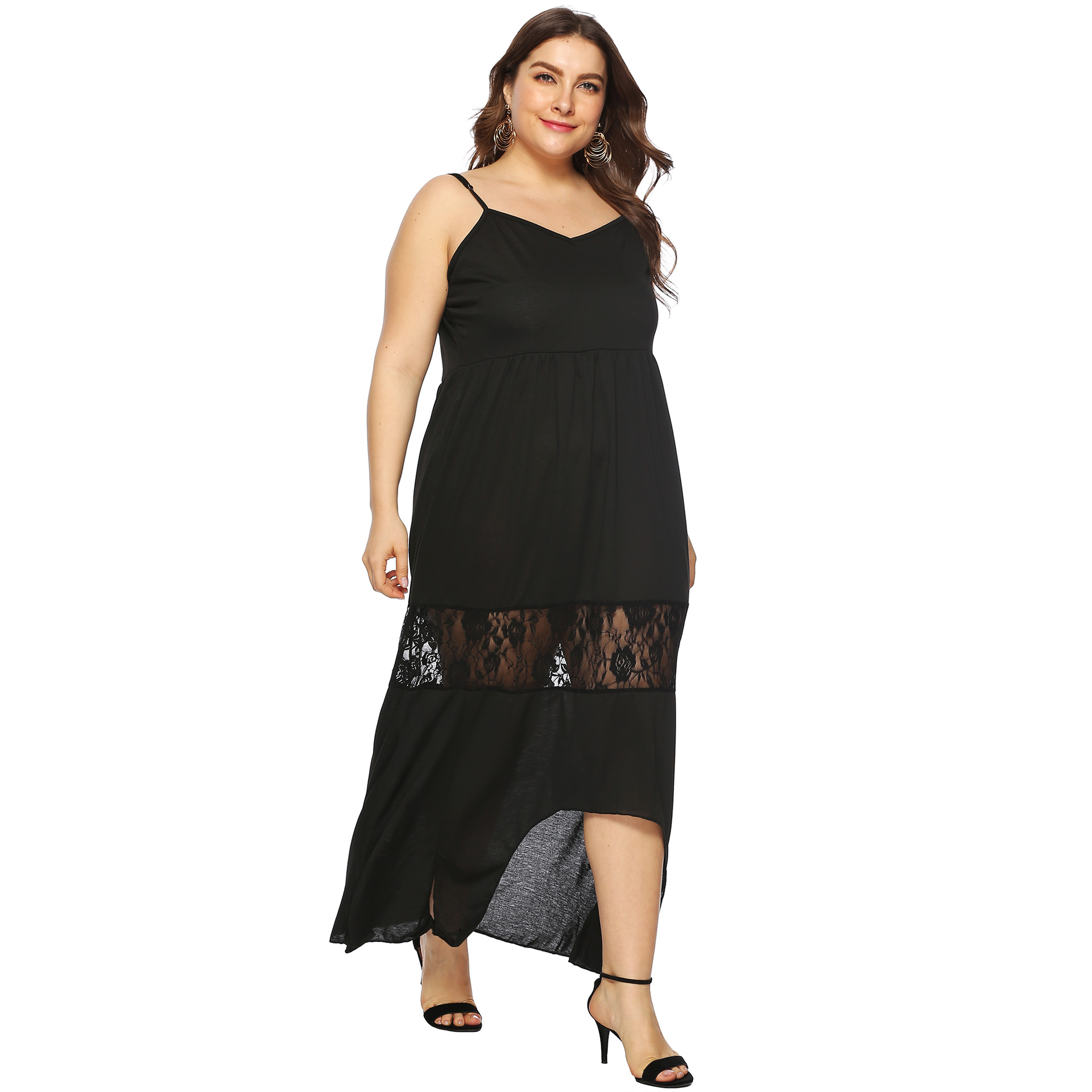 Women's Asymmetric Lace Panel Waist-Cinching Slip Dress with High Slit and Floor-Length Hem