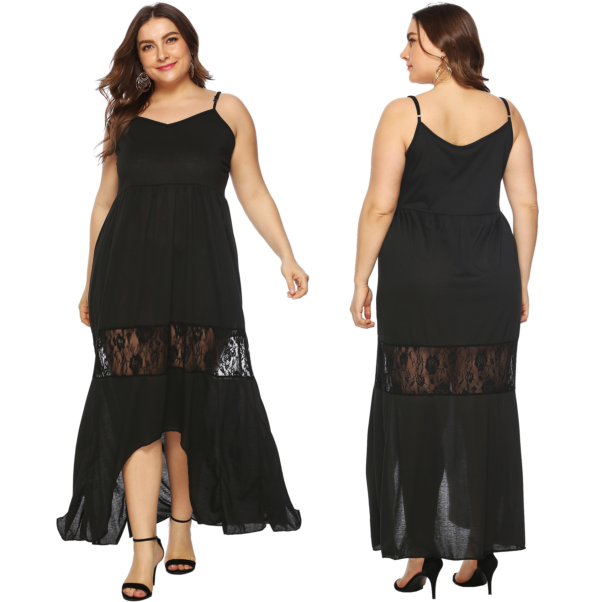 Women's Asymmetric Lace Panel Waist-Cinching Slip Dress with High Slit and Floor-Length Hem