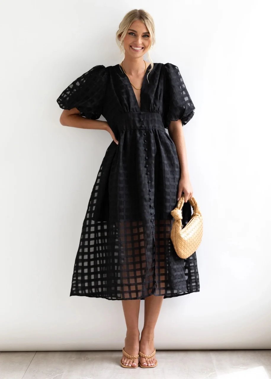 Beauty Square Patterned Fabric Puff Sleeve Midi Dress-Comfort & Reliable