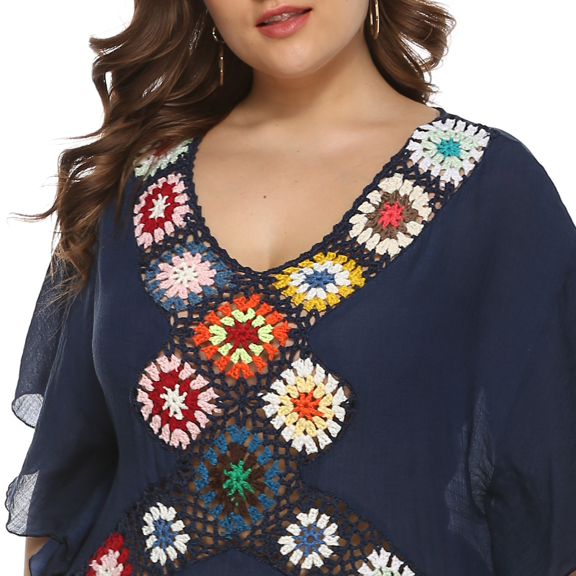 Women's Hand-Crochet Color-Block Slit Irregular Beach Dress Sun Cover-Up