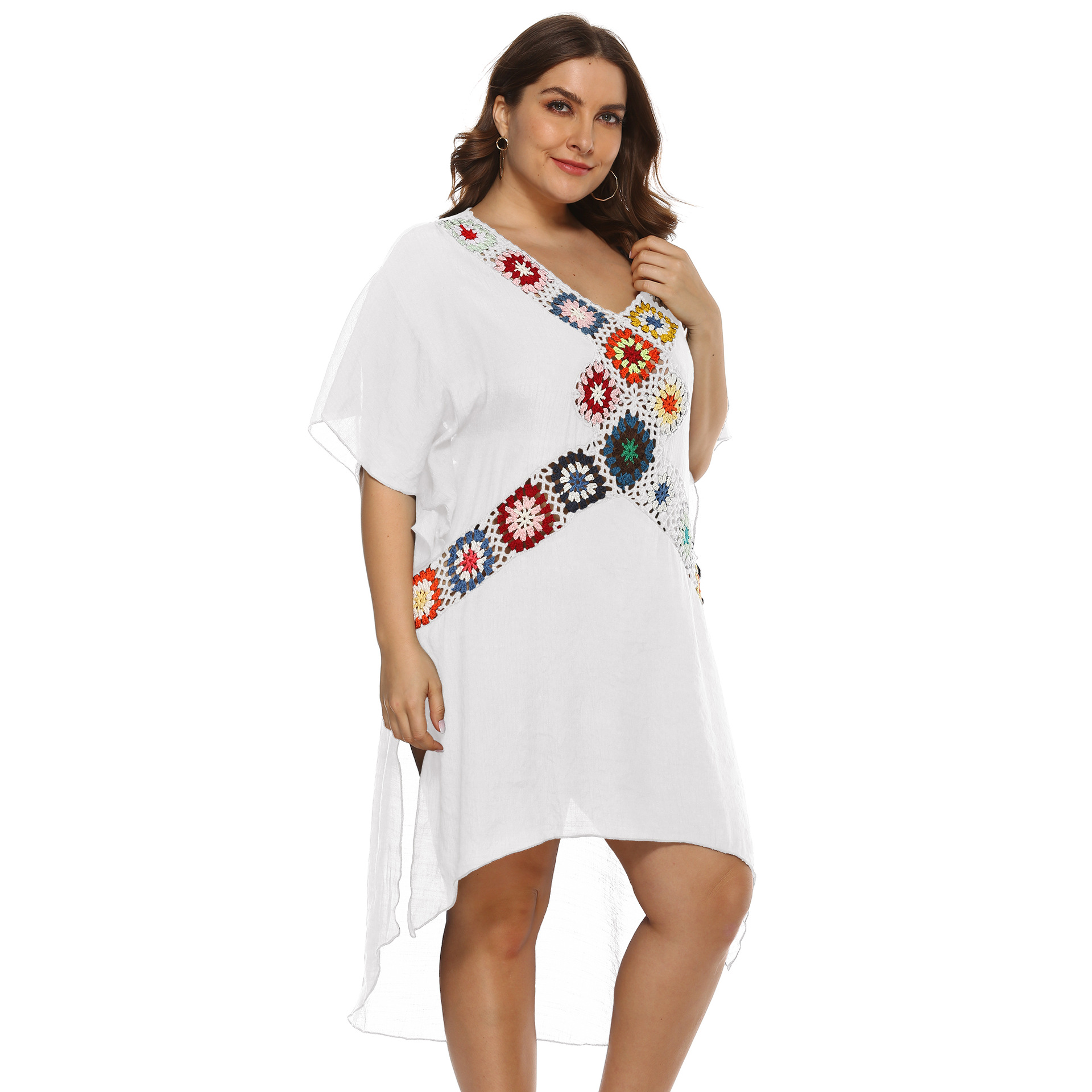Women's Hand-Crochet Color-Block Slit Irregular Beach Dress Sun Cover-Up