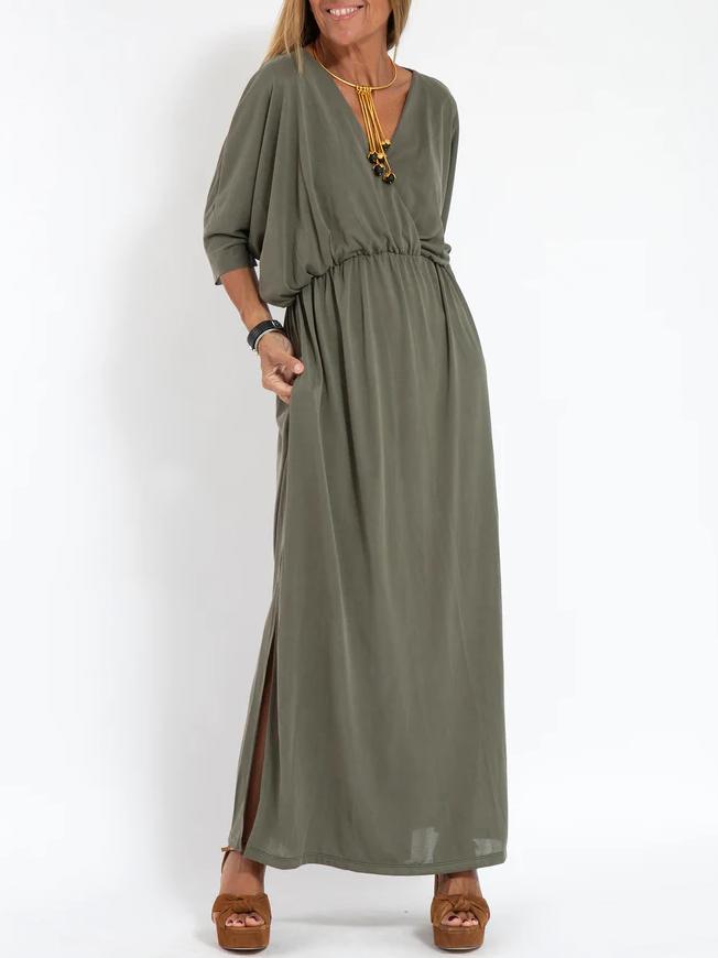 Women's Casual Solid Color V Neck Slit Dress-Comfort & Reliable
