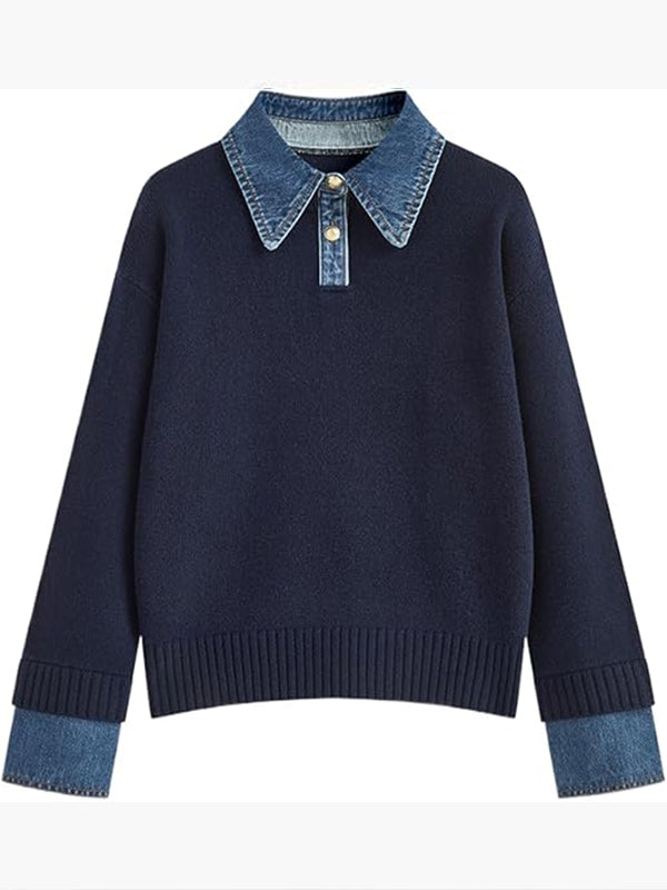 Women Laple Collar Denim Patchwork Sweater Casual Top-Comfort & Reliable