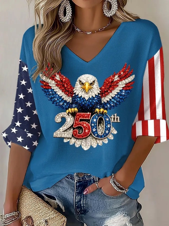 Women's American 250th Anniversary Three-Quarter Sleeve V-Neck Top