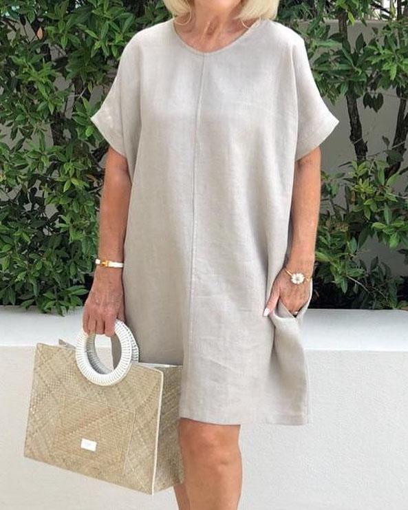 Women's Grey Linen Cotton T-Shirt Dress-Comfort & Reliable