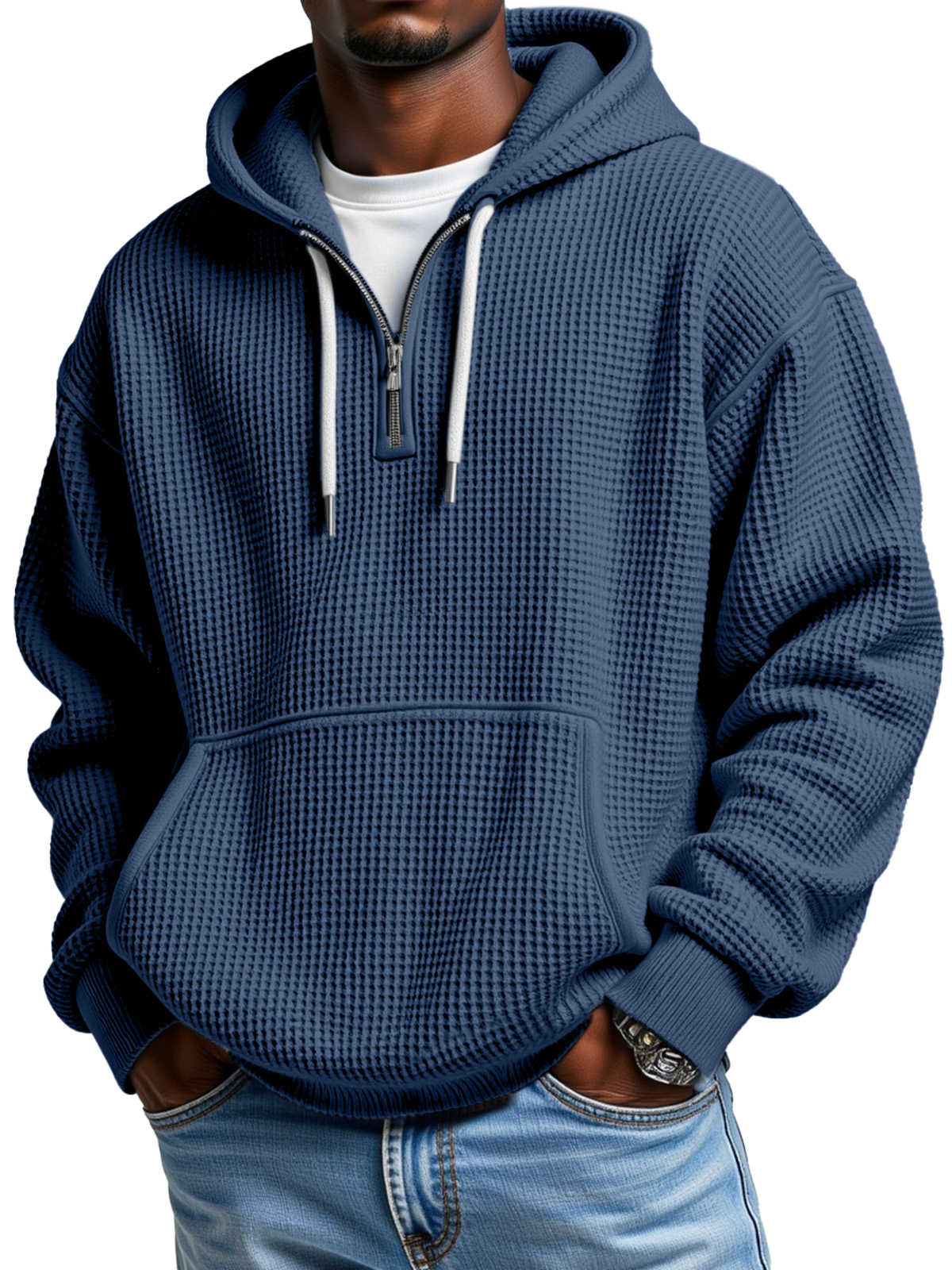 Men's Casual Solid Color Waffle Zipper Long Sleeve Hooded Sweatshirt-Comfort & Reliable