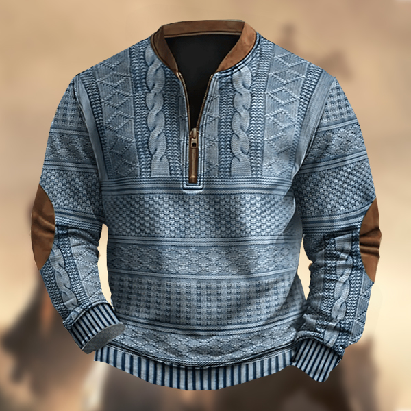Men's Vintage Country Western Cashmere Wool Print Zipper Stand Collar Casual Sweatshirt-Comfort & Reliable
