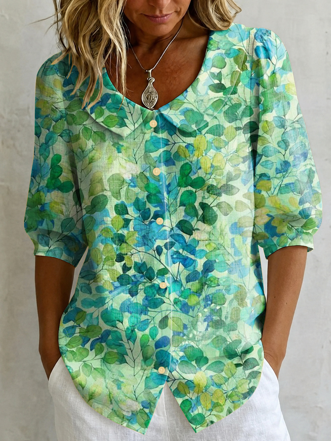 Forest-style Watercolor Botanical Print Top — Peter Pan Collar, Puff-sleeve Casual Shirt
