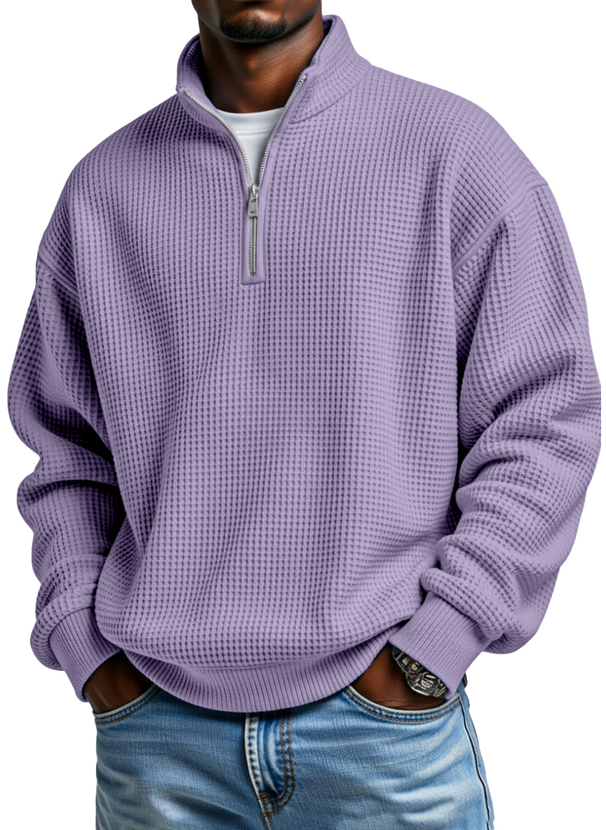 Men's Daily Loose And Simple Waffle Half-zip Stand Collar Long-sleeved Polo Shirt-Comfort & Reliable