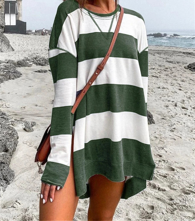 Striped Print Women's Sweatshirt Long Sleeve Side Slit Pullover