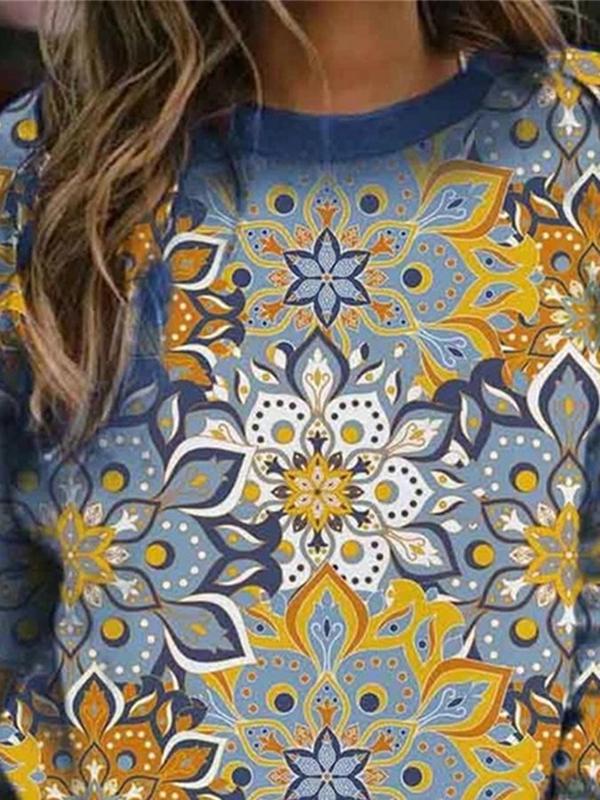 Retro Printed Crewneck Long-Sleeve Pullover Sweatshirt for Women