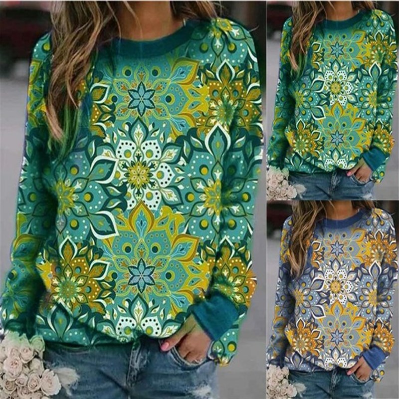 Retro Printed Crewneck Long-Sleeve Pullover Sweatshirt for Women