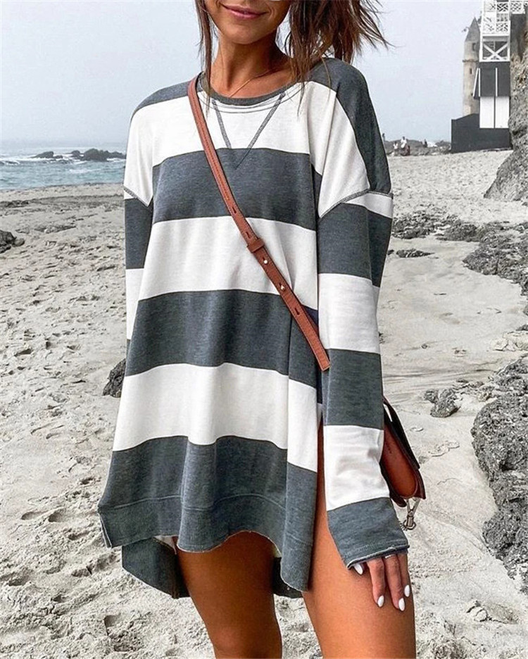 Striped Print Women's Sweatshirt Long Sleeve Side Slit Pullover