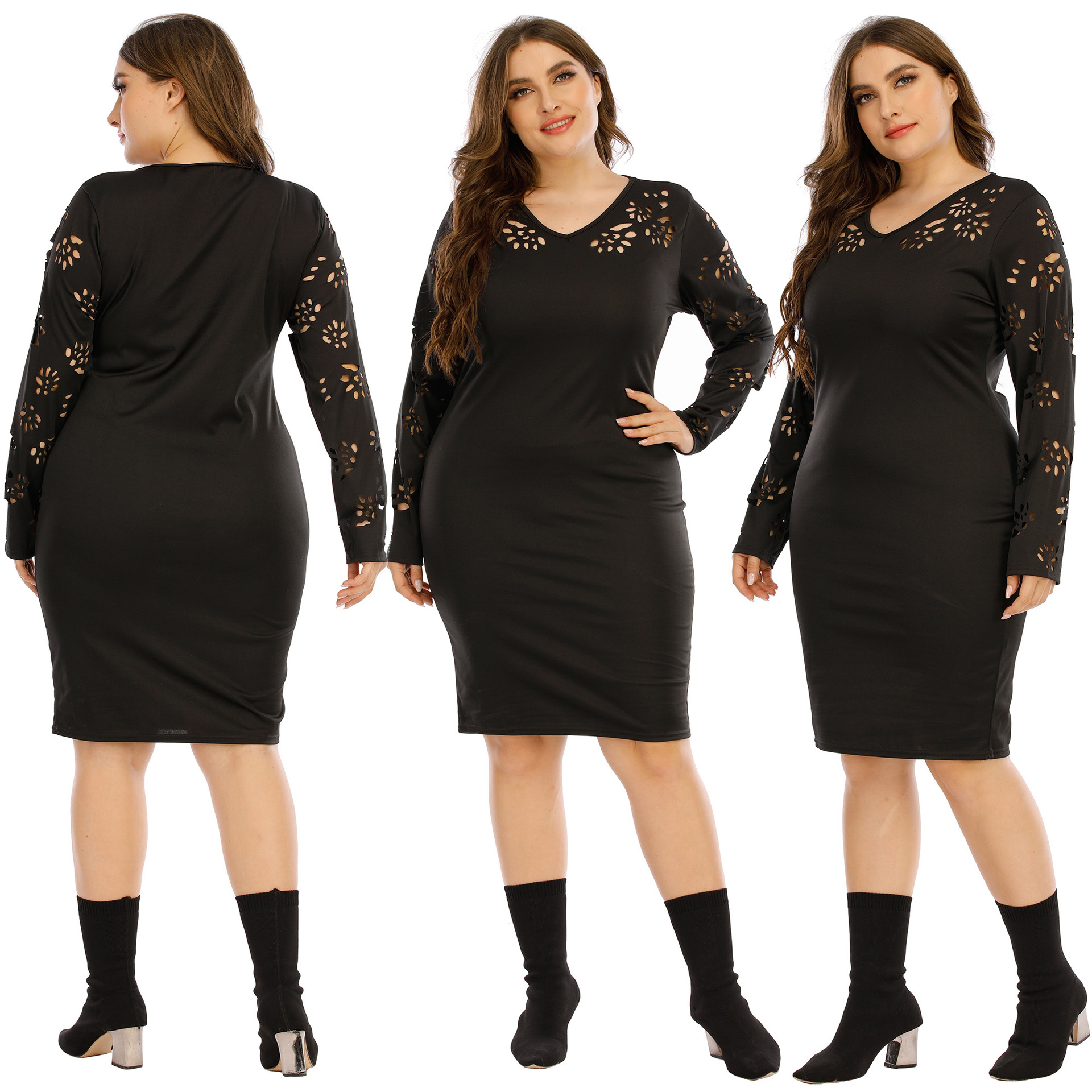 Women's Burnout Cutout V-Neck Bodycon Long Sleeve Dress
