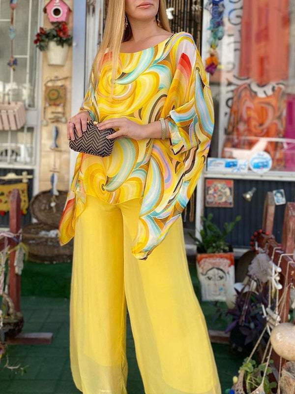 Women Colorful Chiffon Set Summer Casual Crew Neck Printed Two Piece Suit-Comfort & Reliable