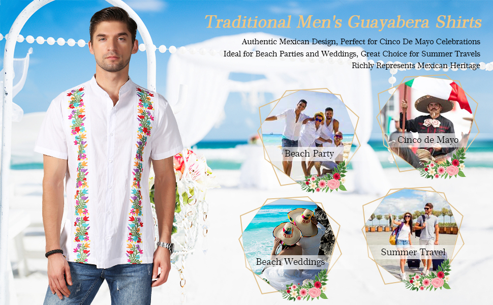 Mexican Shirts for Men Traditional Men&amp;#39;s Guayabera Dress Shirts Cinco De Mayo Fiesta
