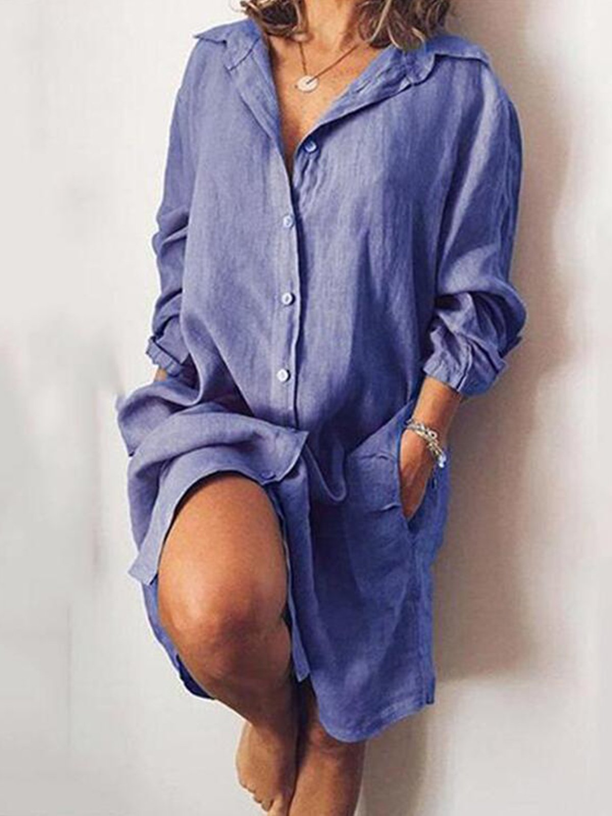 Women's Casual Pure Color Cotton Shirt Dress-Comfort & Reliable